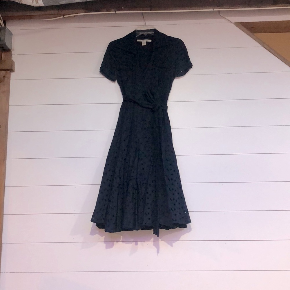 DVF eyelet wrap dress in navy. Size 2.